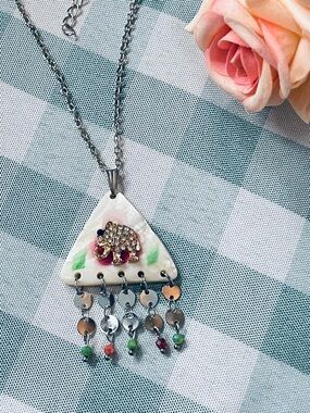 Hand-made & Painted White Elephant Pendant Necklace with Colorful Dangles